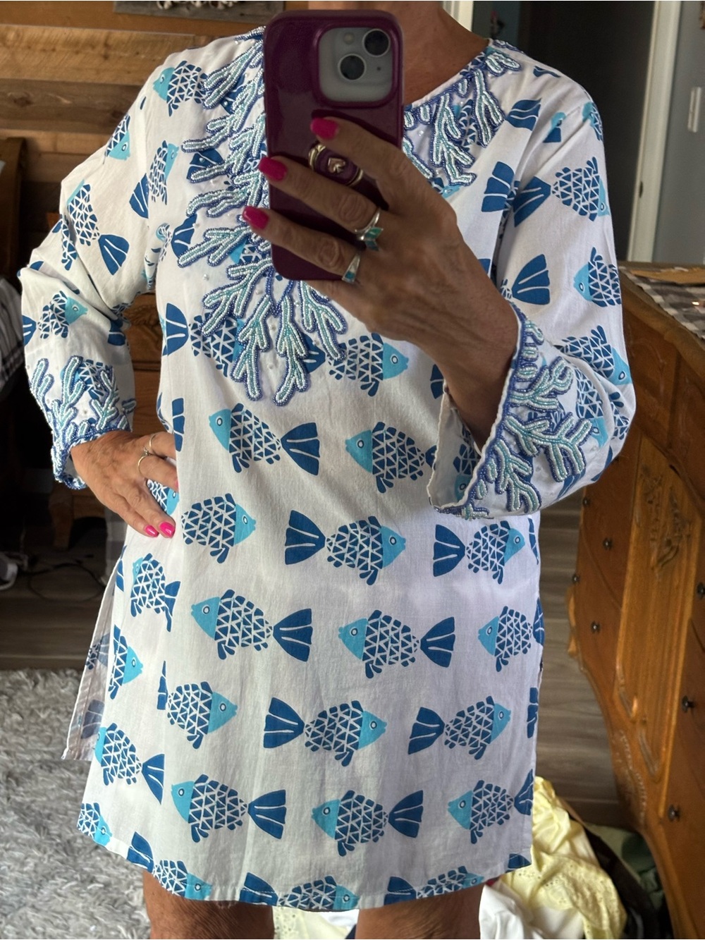 White Tunic with Blue Fish Print and Embroidered Beaded Neckline
